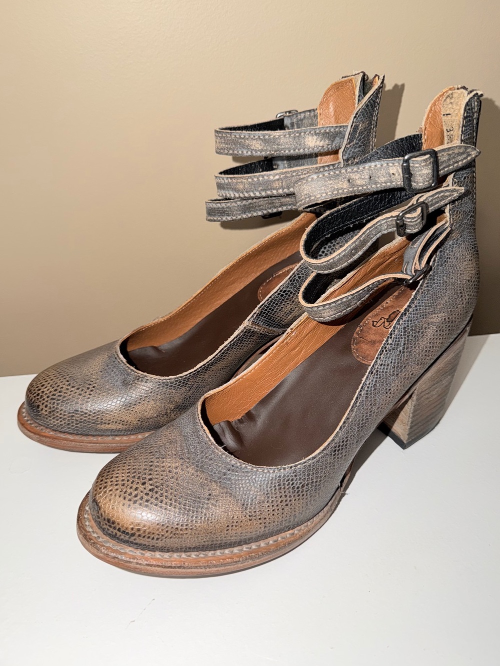 Freebird Randi Pewter Stacked Heel Ankle Strap Western Boho